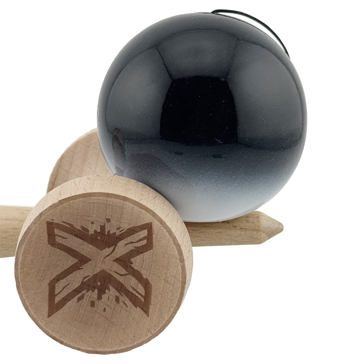 Kendama X Originala, Model V3 Negru / Alb in Degrade, Profesionala, Cupe Mari King Size, Super Sticky, Gaura in Baza, Rulment, Ata 62cm