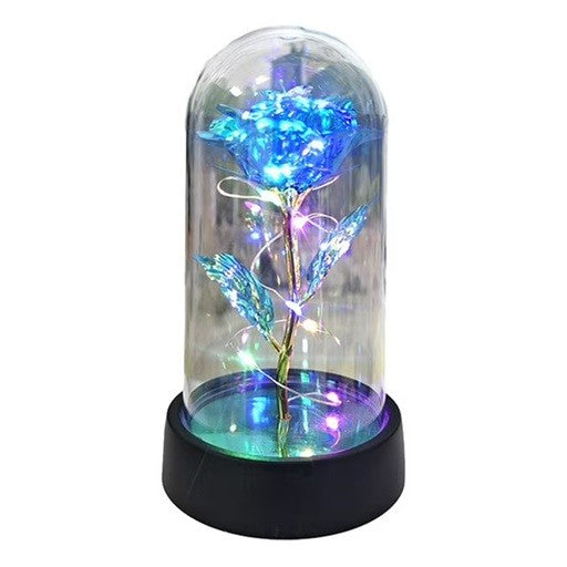 Trandafir Decorativ in Cupola de Acril, Iluminare LED Multicolora, Aranjament Floral cu Baza de Plastic, 8.5 x 15 cm, Albastru