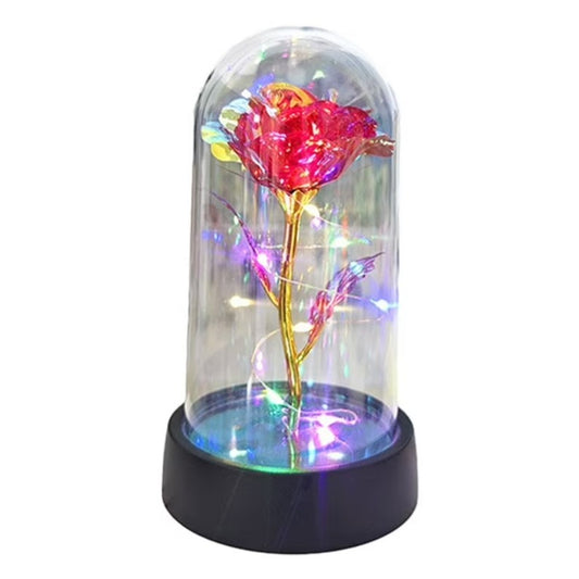 Trandafir Decorativ in Cupola cu Lumina LED Multicolora, Floare Artificiala din Plastic si Invelis Acrilic Transparent, Alimentare cu Baterii, 8.5 x 15 cm, Rosu