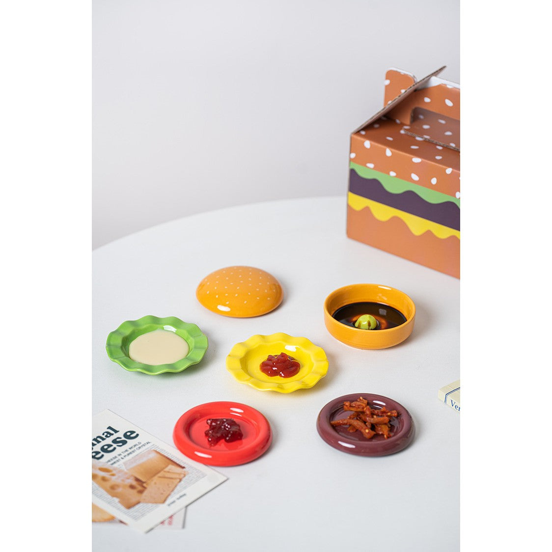 Set Farfurii Pentru Sosuri si Gustari, Forma de Burger Creativa, Mini Farfurii Stivuibile, Ceramica, Multicolor