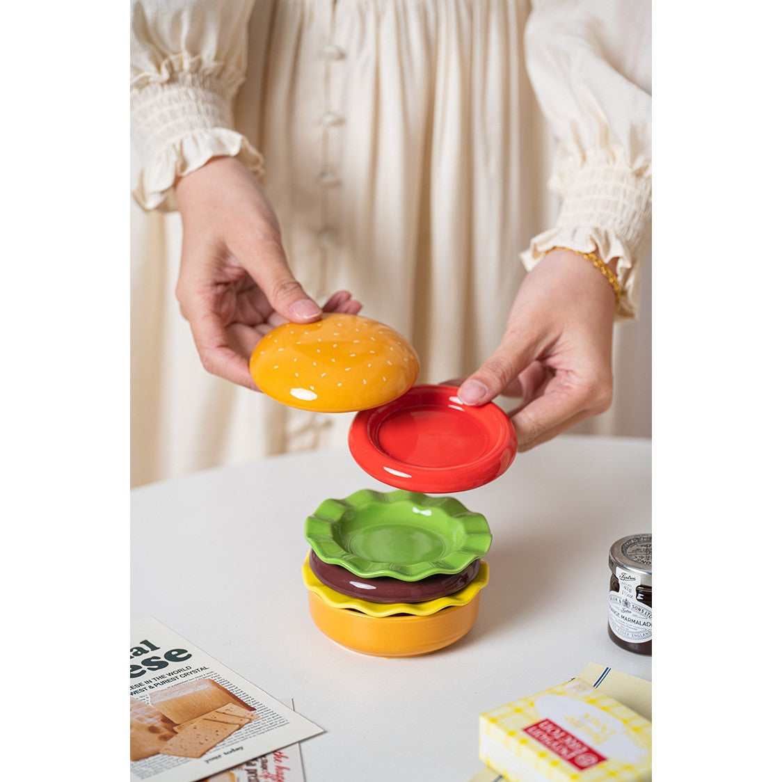 Set Farfurii Pentru Sosuri si Gustari, Forma de Burger Creativa, Mini Farfurii Stivuibile, Ceramica, Multicolor