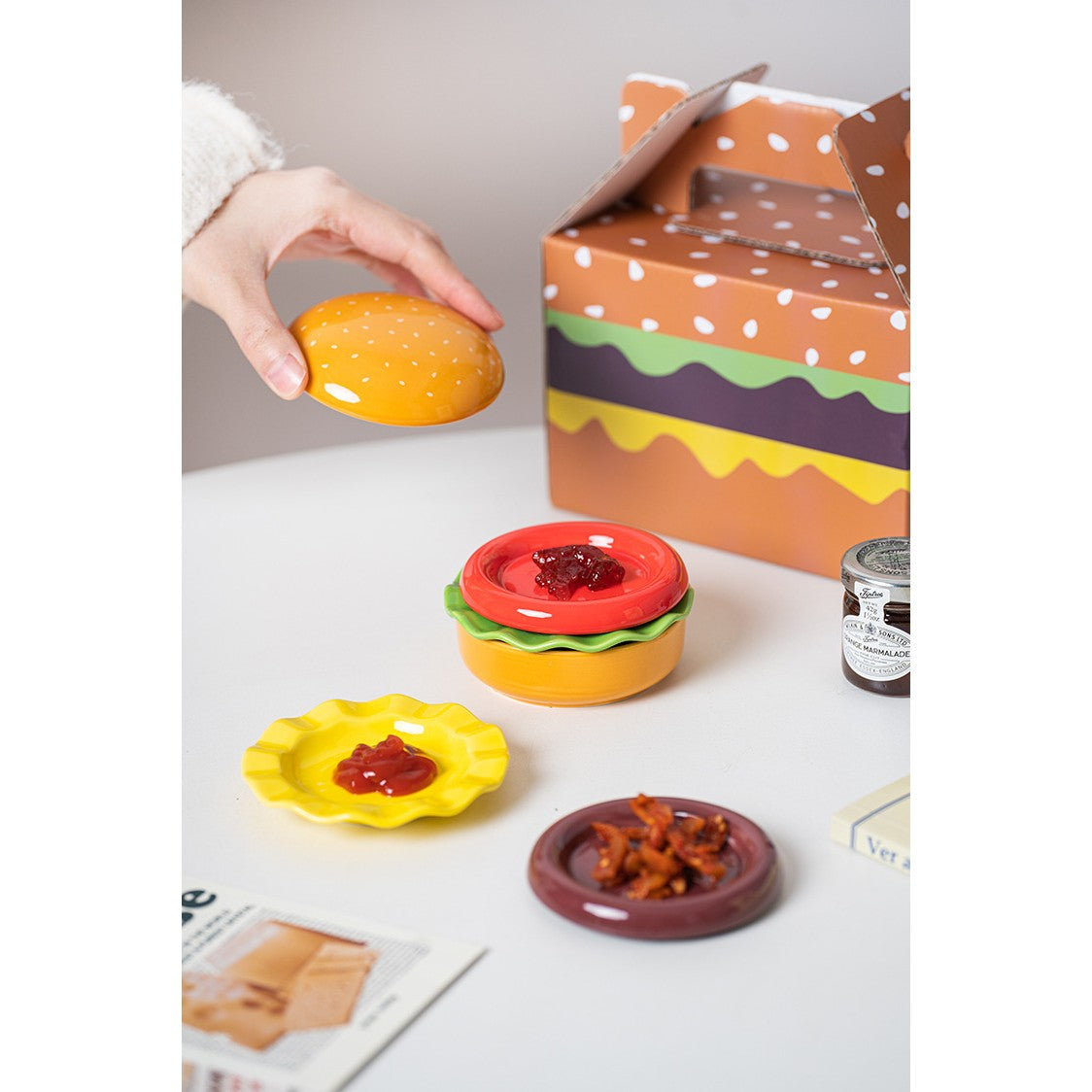Set Farfurii Pentru Sosuri si Gustari, Forma de Burger Creativa, Mini Farfurii Stivuibile, Ceramica, Multicolor