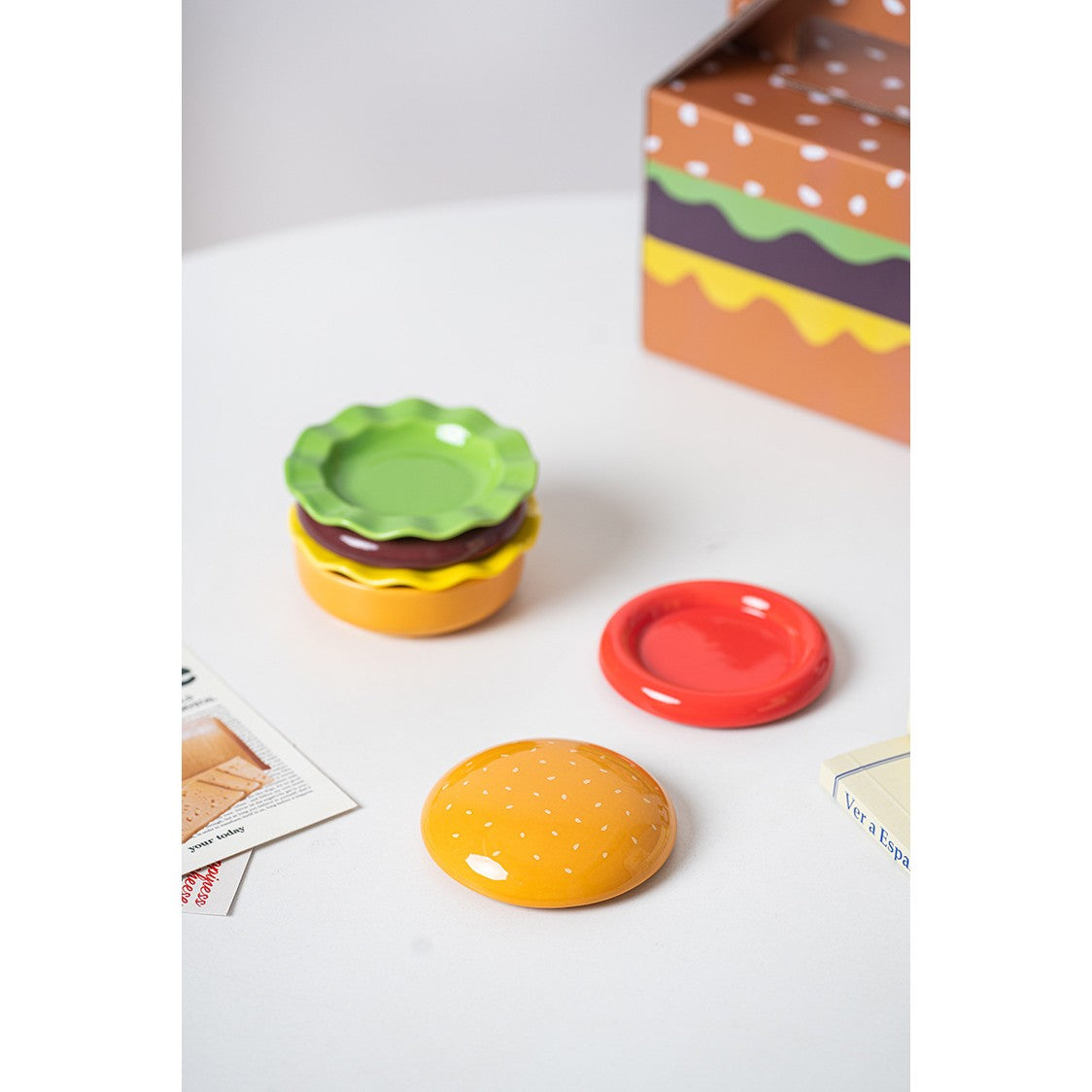 Set Farfurii Pentru Sosuri si Gustari, Forma de Burger Creativa, Mini Farfurii Stivuibile, Ceramica, Multicolor