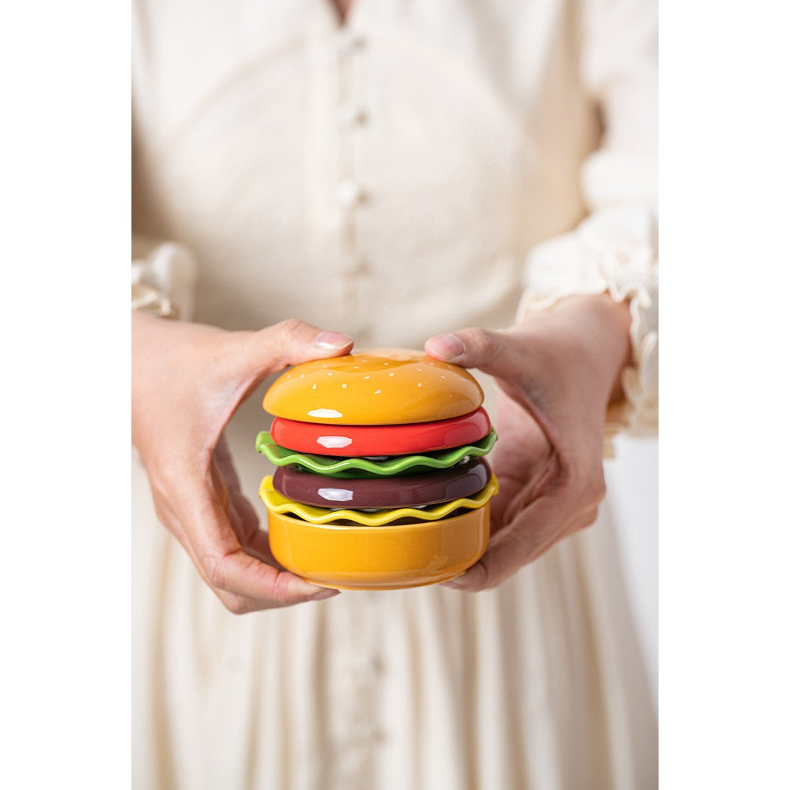Set Farfurii Pentru Sosuri si Gustari, Forma de Burger Creativa, Mini Farfurii Stivuibile, Ceramica, Multicolor