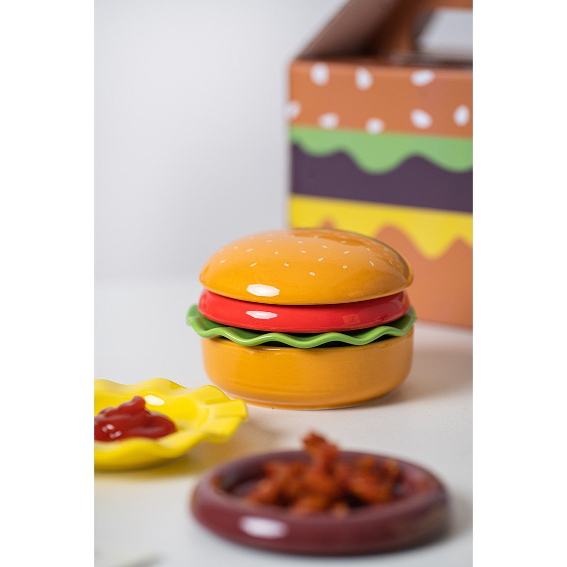 Set Farfurii Pentru Sosuri si Gustari, Forma de Burger Creativa, Mini Farfurii Stivuibile, Ceramica, Multicolor