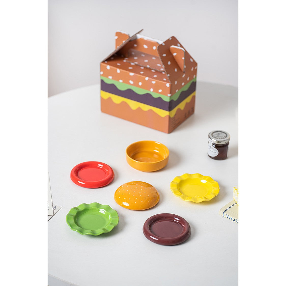 Set Farfurii Pentru Sosuri si Gustari, Forma de Burger Creativa, Mini Farfurii Stivuibile, Ceramica, Multicolor