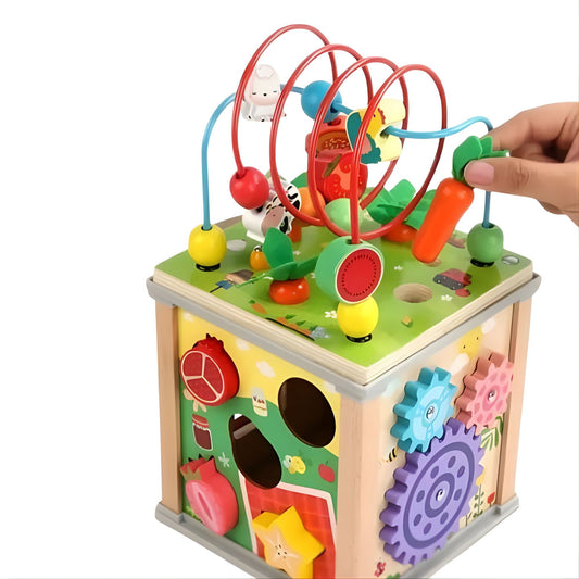 Cub Educativ Montessori, Centru Activitati Multifunctional pentru Bebelusi, Sortator Forme si Labirint, Lemn Natural, Multicolor