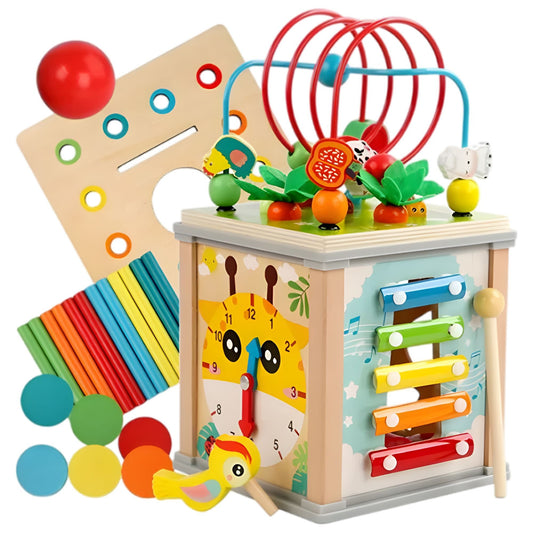Cub Educativ Montessori, Centru Activitati Multifunctional pentru Bebelusi, Sortator Forme si Labirint, Lemn Natural, Multicolor
