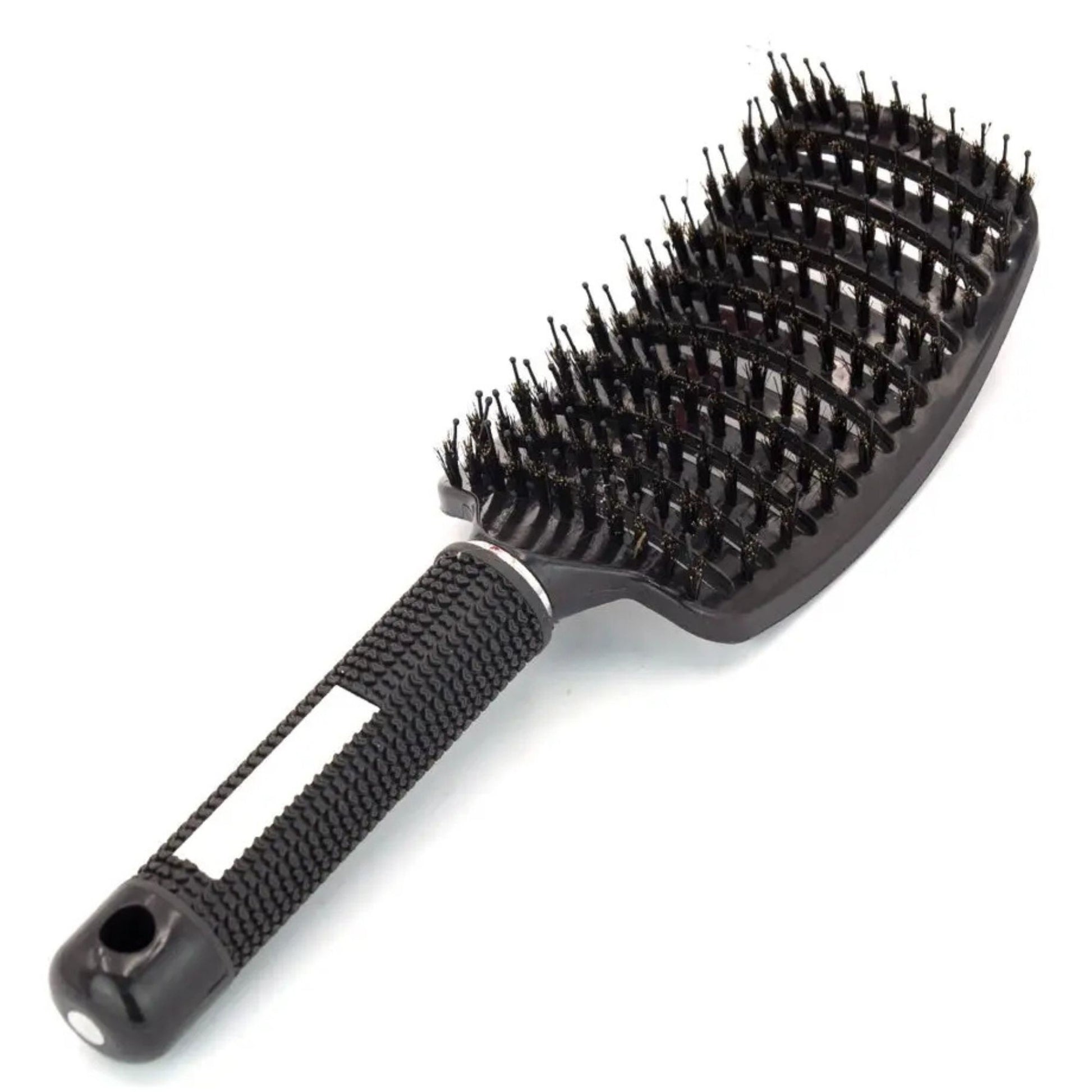 Perie de Par Curbata si Ventilata pentru Descurcare, Peri de Mistret si Nailon, Efect de Masaj, Maner Antiderapant, Utilizare Wet & Dry, 24.5 x 6.5 cm, Negru