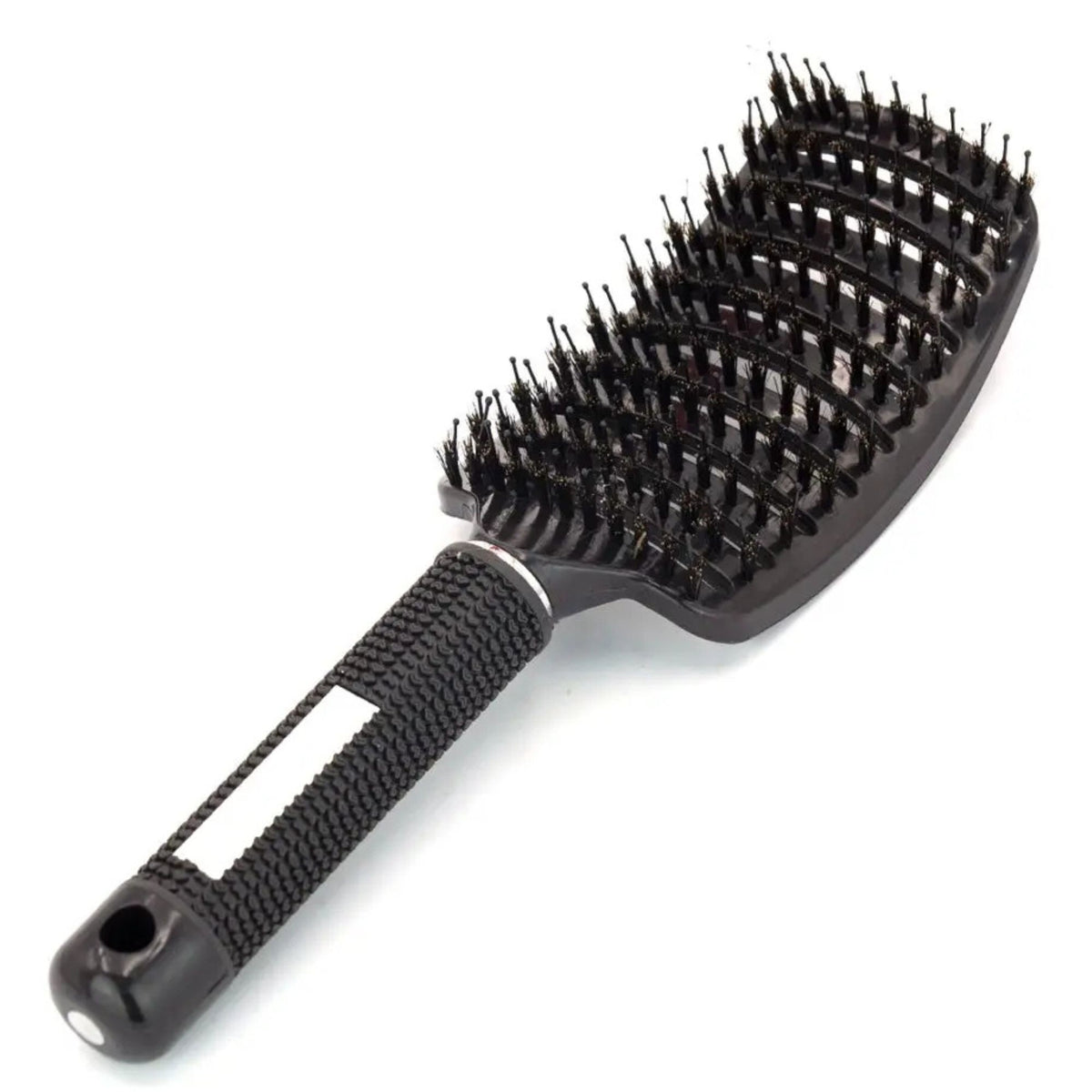 Perie de Par Curbata si Ventilata pentru Descurcare, Peri de Mistret si Nailon, Efect de Masaj, Maner Antiderapant, Utilizare Wet & Dry, 24.5 x 6.5 cm, Negru