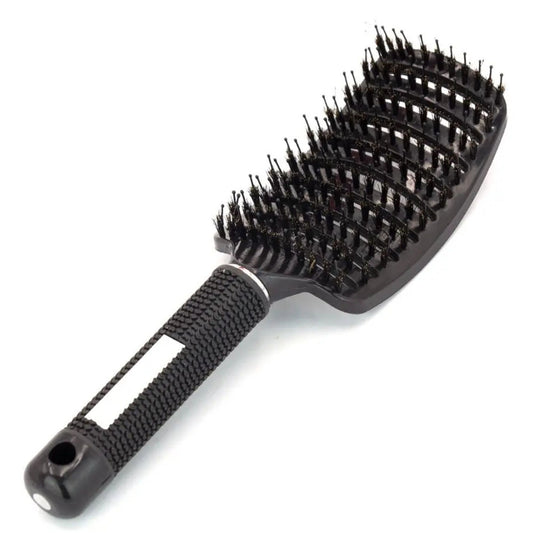 Perie de Par Curbata si Ventilata pentru Descurcare, Peri de Mistret si Nailon, Efect de Masaj, Maner Antiderapant, Utilizare Wet & Dry, 24.5 x 6.5 cm, Negru