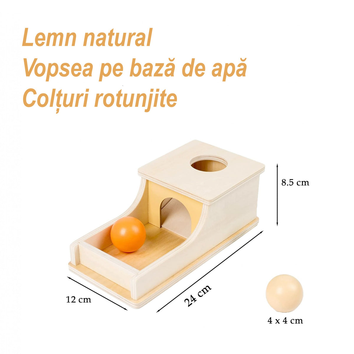 Jucarie Educativa Montessori, Pista cu Bile si Tunel pentru Motricitate, Lemn Natural, Joc de Coordonare Mana-Ochi, 24 x 12 x 8.5 cm, 12 Luni+, Multicolor