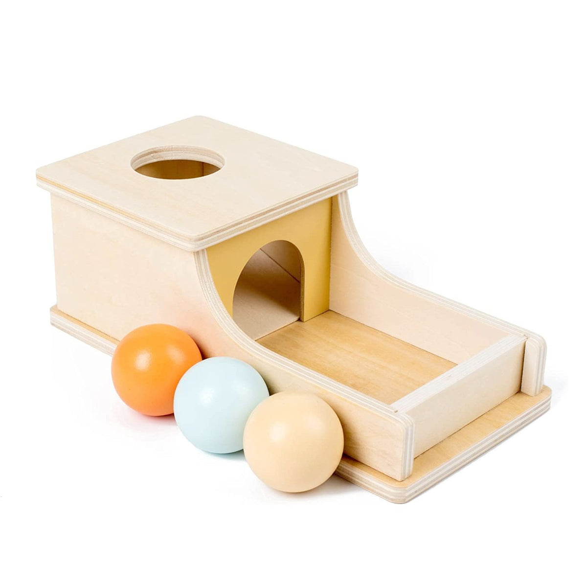 Jucarie Educativa Montessori, Pista cu Bile si Tunel pentru Motricitate, Lemn Natural, Joc de Coordonare Mana-Ochi, 24 x 12 x 8.5 cm, 12 Luni+, Multicolor