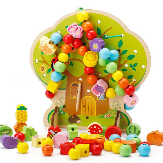 Jucarie Educativa Montessori 2 in 1, Pomul cu Fructe pentru Snuruit si Insirat, Lemn Natural, 102 Piese, 3+ Ani, Multicolor