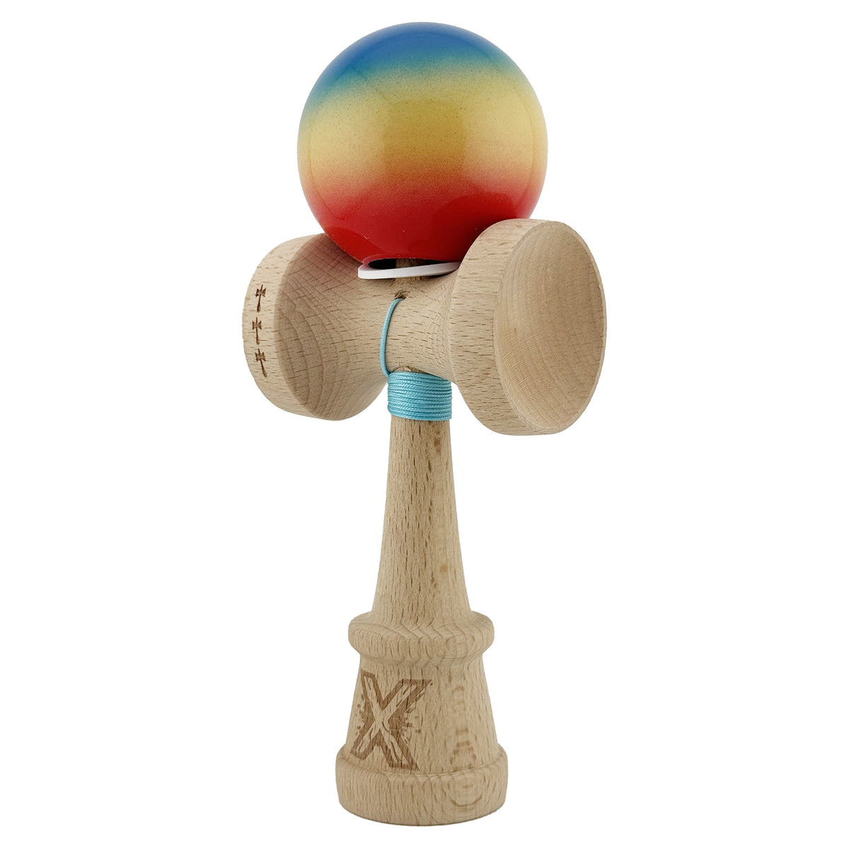 Kendama X Originala, Model V3 Albastru / Galben / Rosu in Degrade, Profesionala, Cupe Mari King Size, Super Sticky, Gaura in Baza, Rulment, Ata 62cm