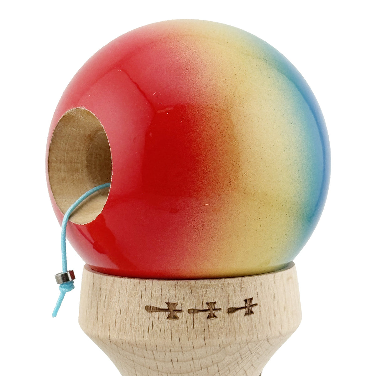 Kendama X Originala, Model V3 Albastru / Galben / Rosu in Degrade, Profesionala, Cupe Mari King Size, Super Sticky, Gaura in Baza, Rulment, Ata 62cm