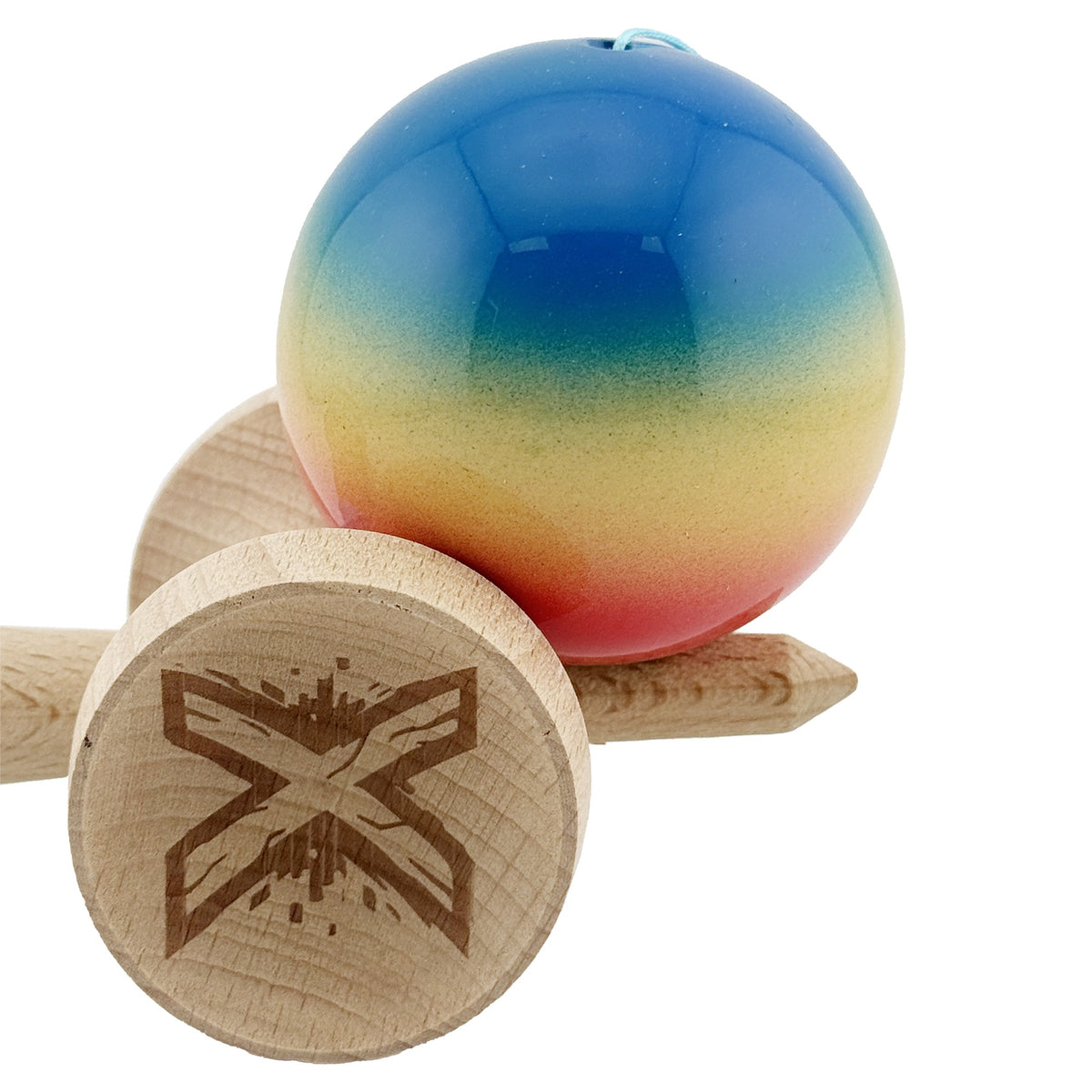 Kendama X Originala, Model V3 Albastru / Galben / Rosu in Degrade, Profesionala, Cupe Mari King Size, Super Sticky, Gaura in Baza, Rulment, Ata 62cm