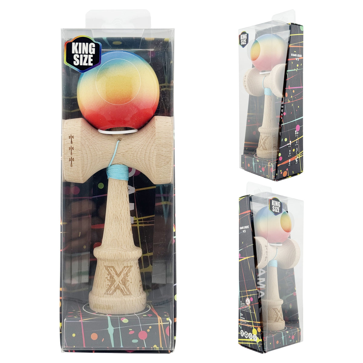 Kendama X Originala, Model V3 Albastru / Galben / Rosu in Degrade, Profesionala, Cupe Mari King Size, Super Sticky, Gaura in Baza, Rulment, Ata 62cm