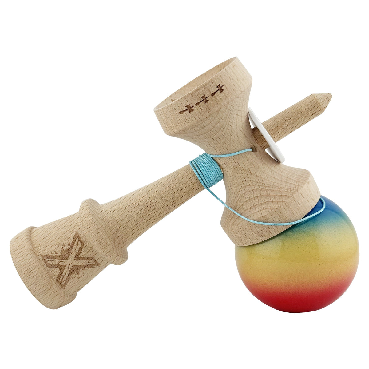 Kendama X Originala, Model V3 Albastru / Galben / Rosu in Degrade, Profesionala, Cupe Mari King Size, Super Sticky, Gaura in Baza, Rulment, Ata 62cm