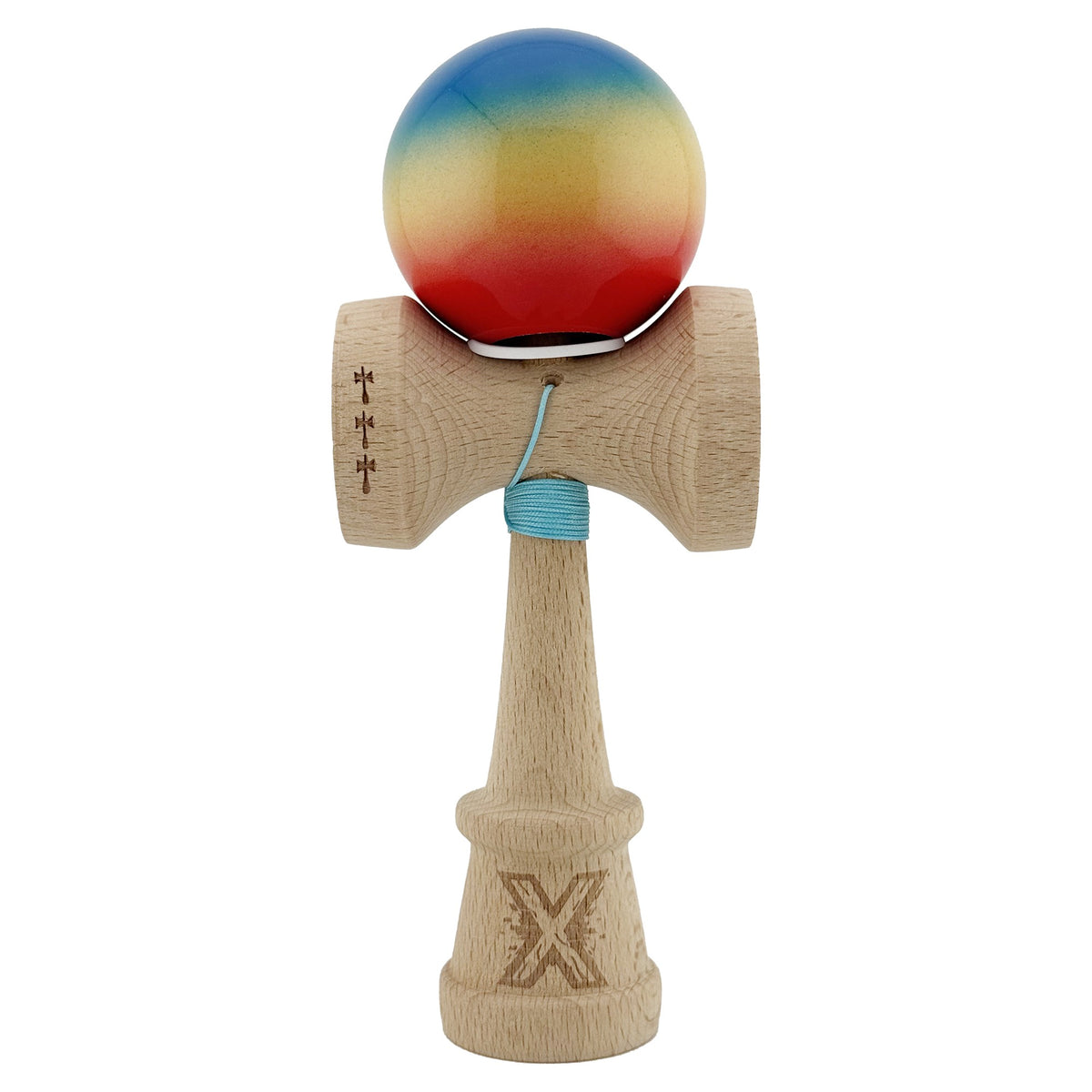 Kendama X Originala, Model V3 Albastru / Galben / Rosu in Degrade, Profesionala, Cupe Mari King Size, Super Sticky, Gaura in Baza, Rulment, Ata 62cm