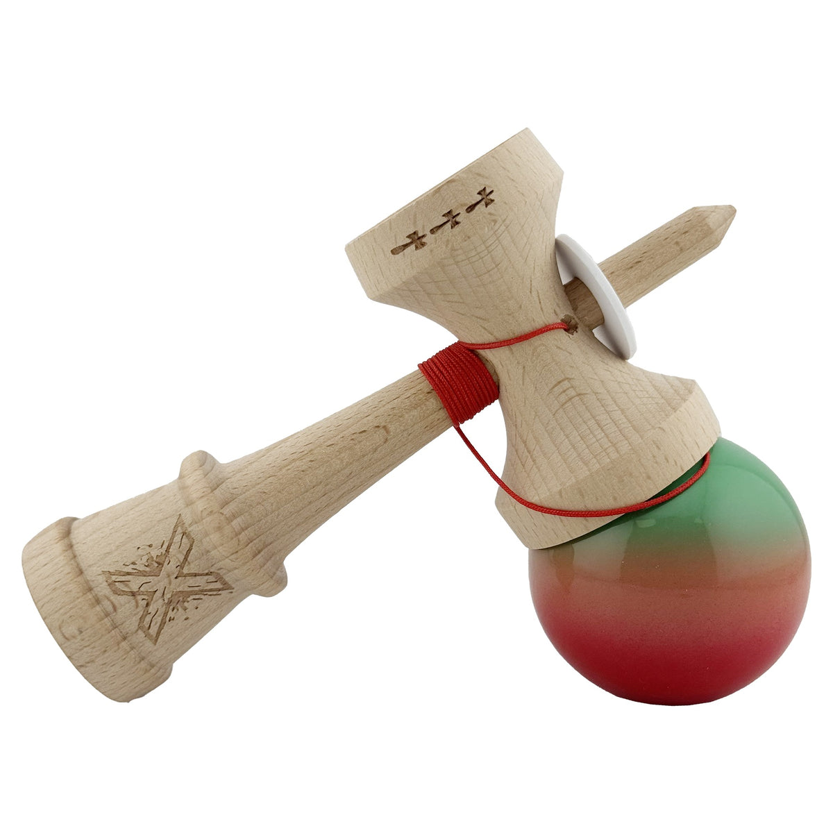 Kendama X Originala, Model V3 Verde / Portocaliu / Rosu in Degrade, Profesionala, Cupe Mari King Size, Super Sticky, Gaura in Baza, Rulment, Ata 62cm