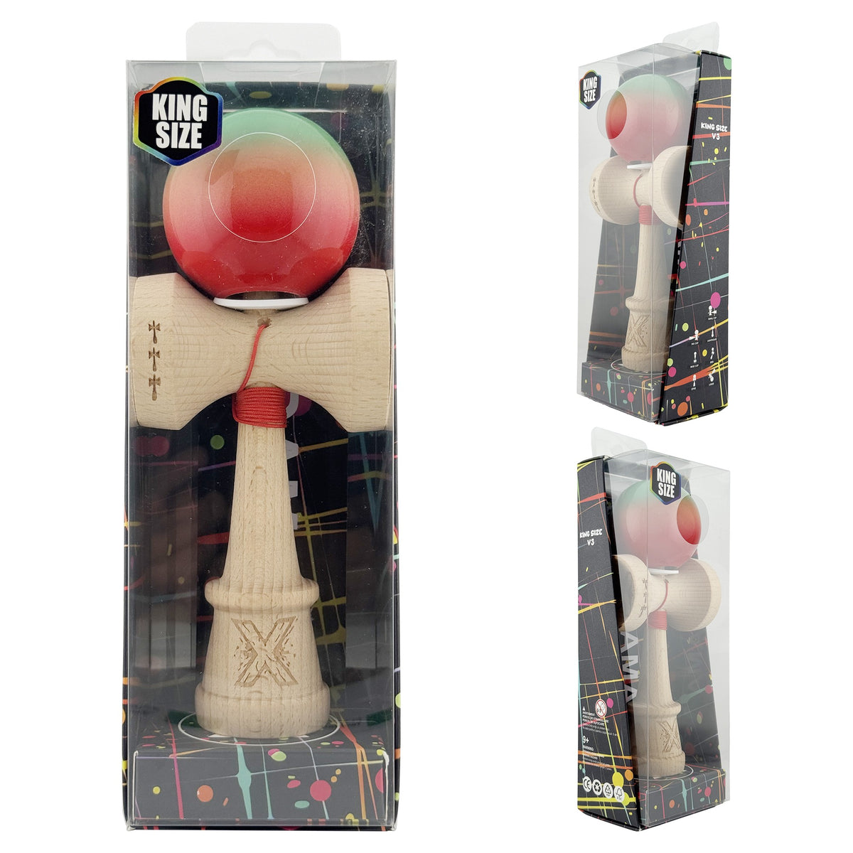Kendama X Originala, Model V3 Verde / Portocaliu / Rosu in Degrade, Profesionala, Cupe Mari King Size, Super Sticky, Gaura in Baza, Rulment, Ata 62cm