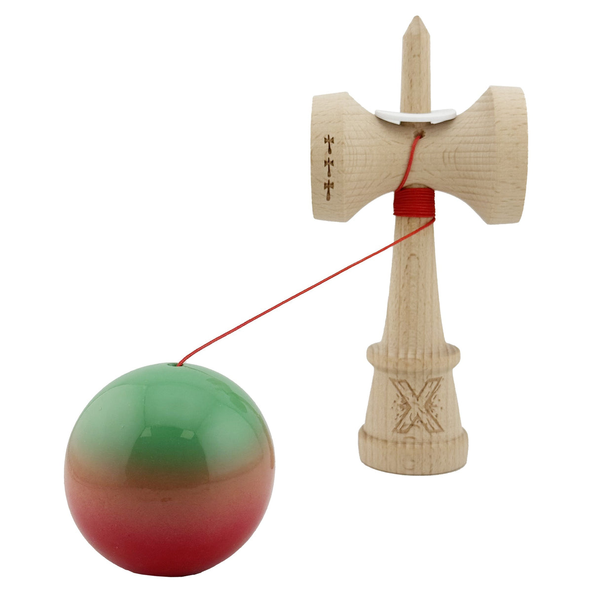 Kendama X Originala, Model V3 Verde / Portocaliu / Rosu in Degrade, Profesionala, Cupe Mari King Size, Super Sticky, Gaura in Baza, Rulment, Ata 62cm