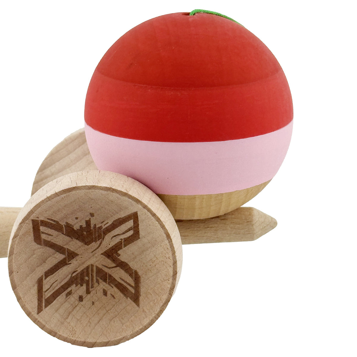 Kendama X Originala, Model V3 Rosu / Roz / Natur, Profesionala, Cupe Mari King Size, Rubber Grip, Gaura in Baza, Rulment, Ata 62cm
