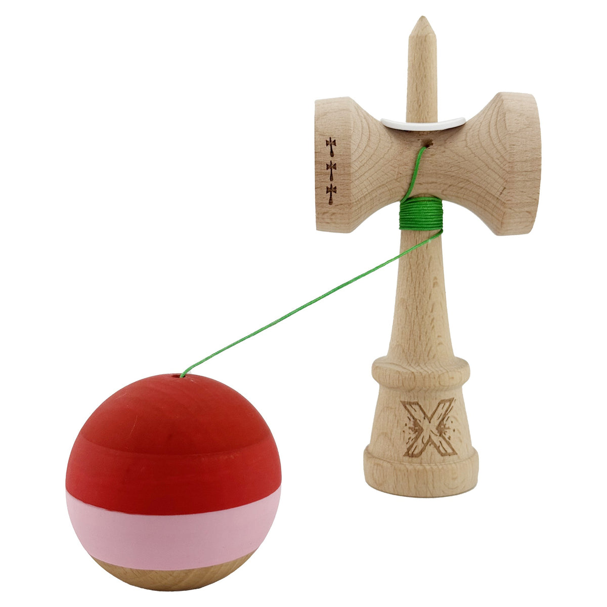 Kendama X Originala, Model V3 Rosu / Roz / Natur, Profesionala, Cupe Mari King Size, Rubber Grip, Gaura in Baza, Rulment, Ata 62cm