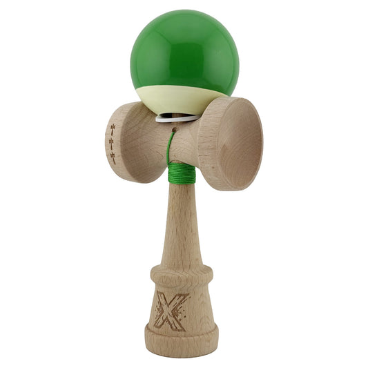 Kendama X Originala, Model V3 Verde / Alb, Profesionala, Cupe Mari King Size, Super Sticky, Gaura in Baza, Rulment, Ata 62cm