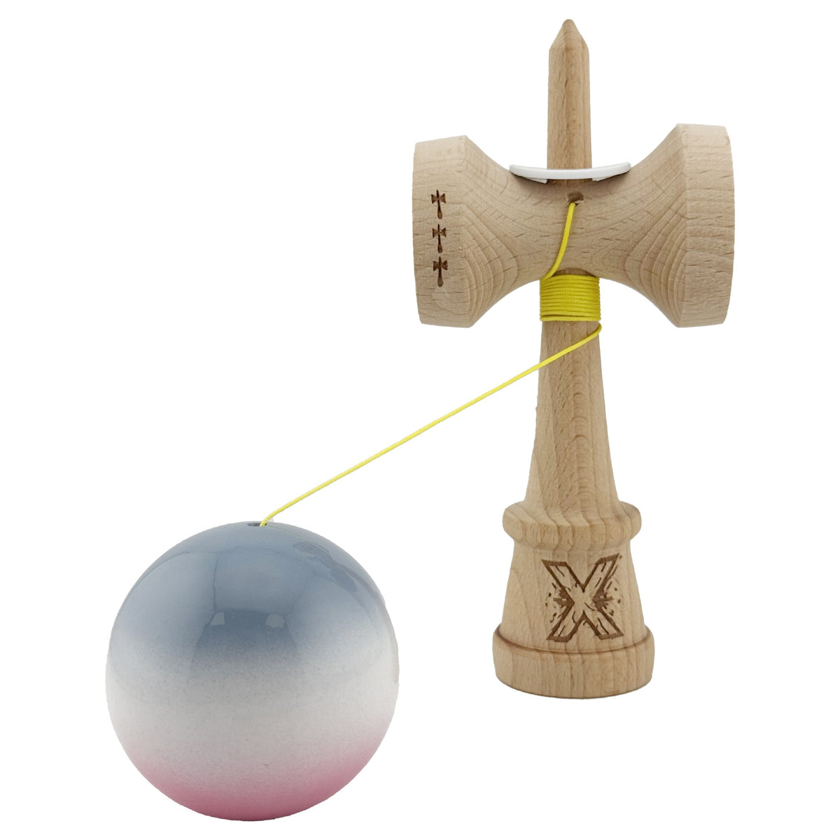Kendama X Originala, Model V3 Gri / Alb / Roz in Degrade, Profesionala, Cupe Mari King Size, Super Sticky, Gaura in Baza, Rulment, Ata 62cm