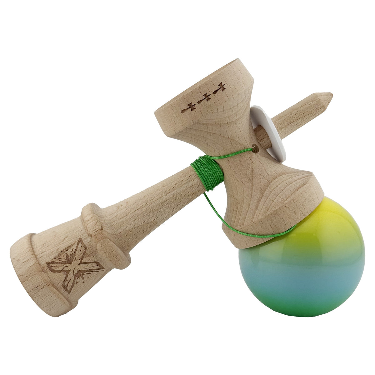 Kendama X Originala, Model V3 Galben / Albastru / Verde in Degrade, Profesionala, Cupe Mari King Size, Super Sticky, Gaura in Baza, Rulment, Ata 62cm