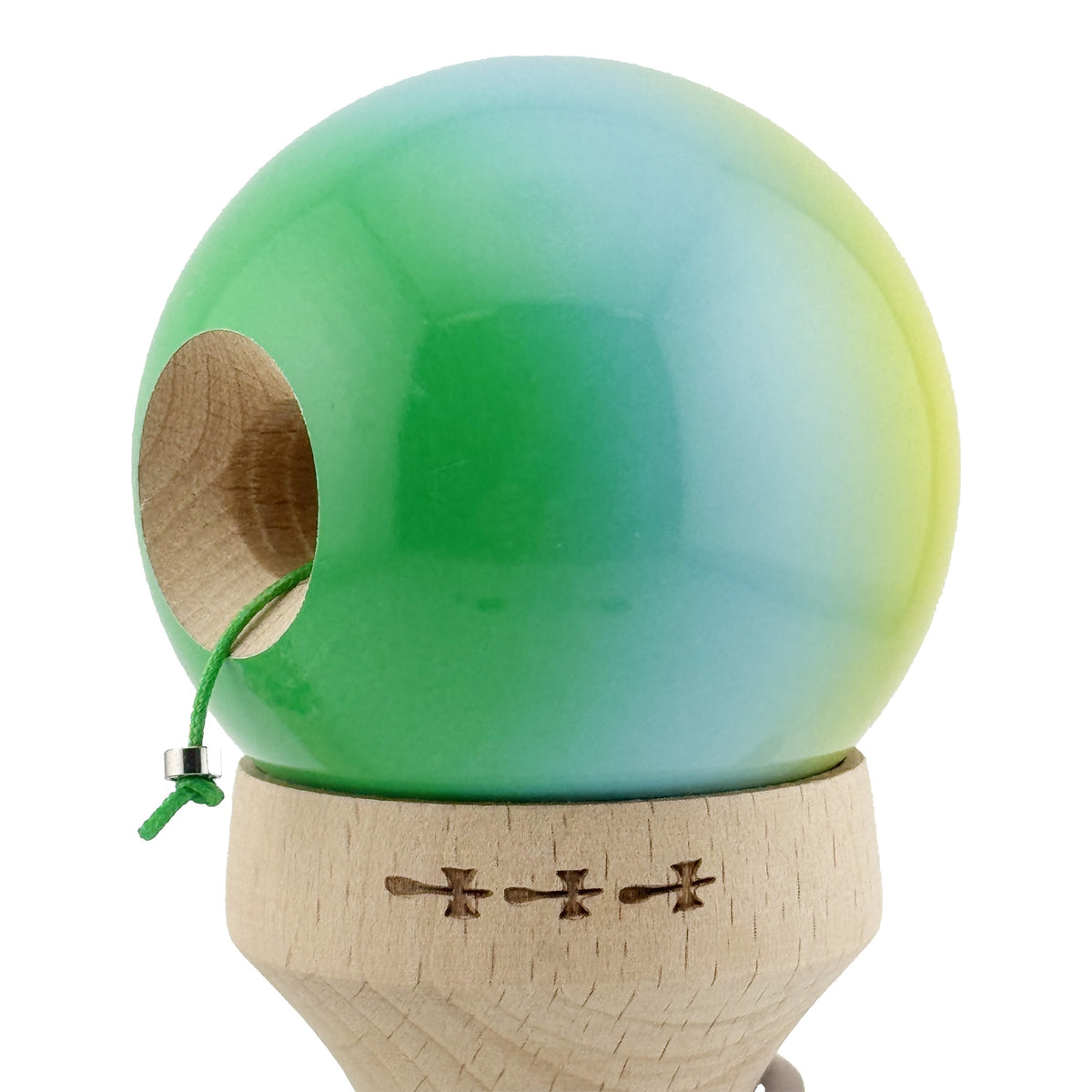 Kendama X Originala, Model V3 Galben / Albastru / Verde in Degrade, Profesionala, Cupe Mari King Size, Super Sticky, Gaura in Baza, Rulment, Ata 62cm