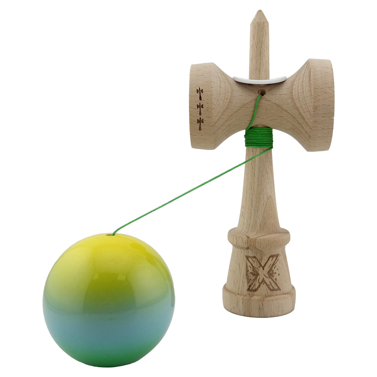 Kendama X Originala, Model V3 Galben / Albastru / Verde in Degrade, Profesionala, Cupe Mari King Size, Super Sticky, Gaura in Baza, Rulment, Ata 62cm