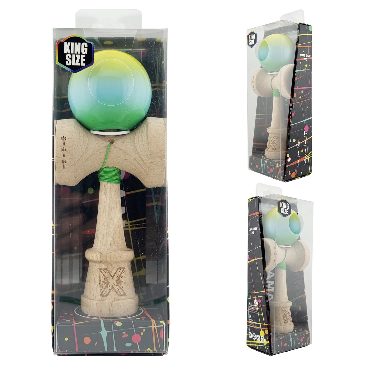 Kendama X Originala, Model V3 Galben / Albastru / Verde in Degrade, Profesionala, Cupe Mari King Size, Super Sticky, Gaura in Baza, Rulment, Ata 62cm