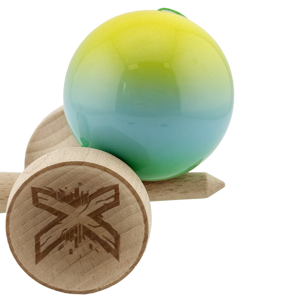 Kendama X Originala, Model V3 Galben / Albastru / Verde in Degrade, Profesionala, Cupe Mari King Size, Super Sticky, Gaura in Baza, Rulment, Ata 62cm
