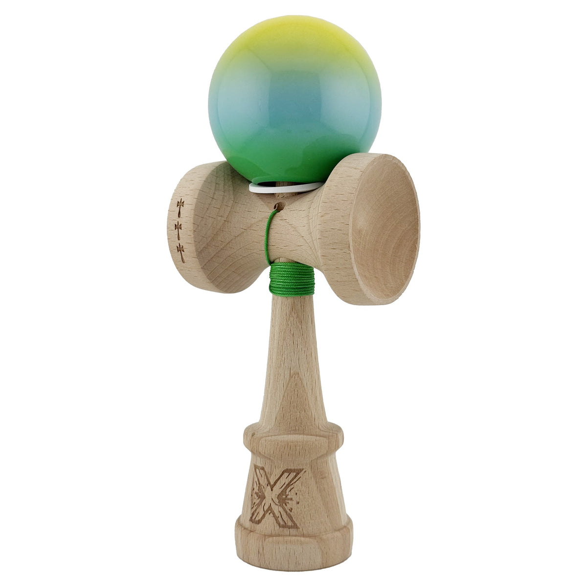 Kendama X Originala, Model V3 Galben / Albastru / Verde in Degrade, Profesionala, Cupe Mari King Size, Super Sticky, Gaura in Baza, Rulment, Ata 62cm
