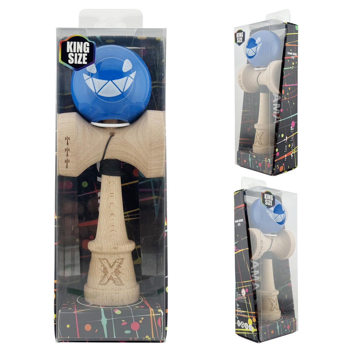 Kendama X Crazy Smile Originala, Model V3 Albastru, Profesionala, Cupe Mari King Size, Super Sticky, Gaura in Baza, Rulment, Ata 62cm