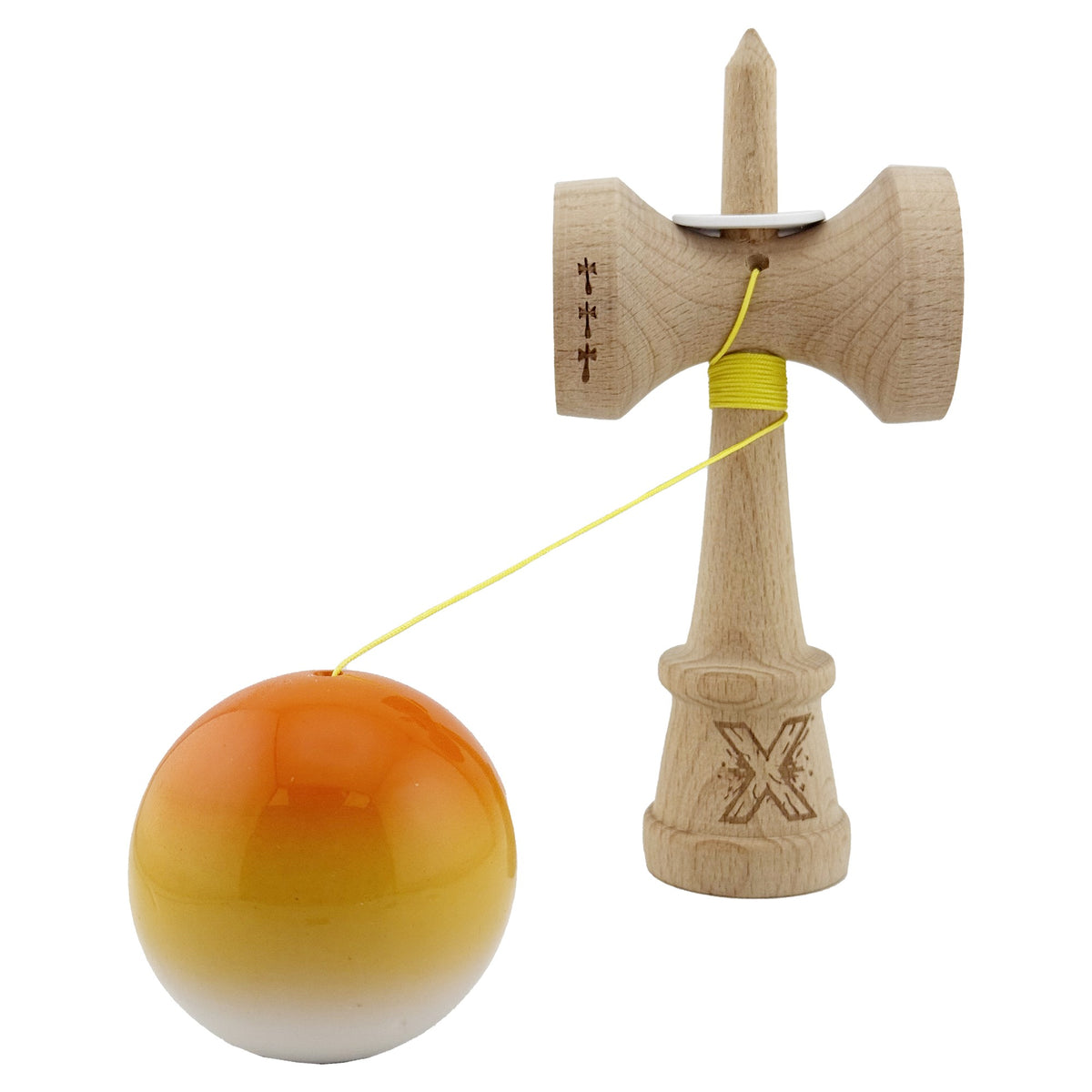 Kendama X Originala, Model V3 Portocaliu / Galben / Alb in Degrade, Profesionala, Cupe Mari King Size, Super Sticky, Gaura in Baza, Rulment, Ata 62cm