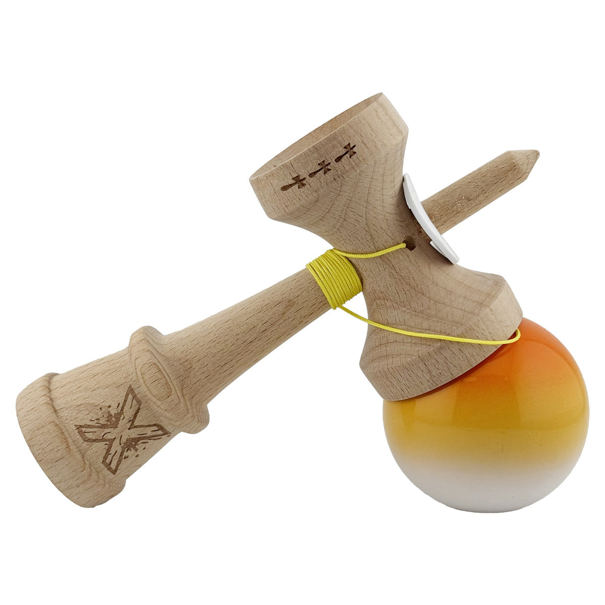 Kendama X Originala, Model V3 Portocaliu / Galben / Alb in Degrade, Profesionala, Cupe Mari King Size, Super Sticky, Gaura in Baza, Rulment, Ata 62cm