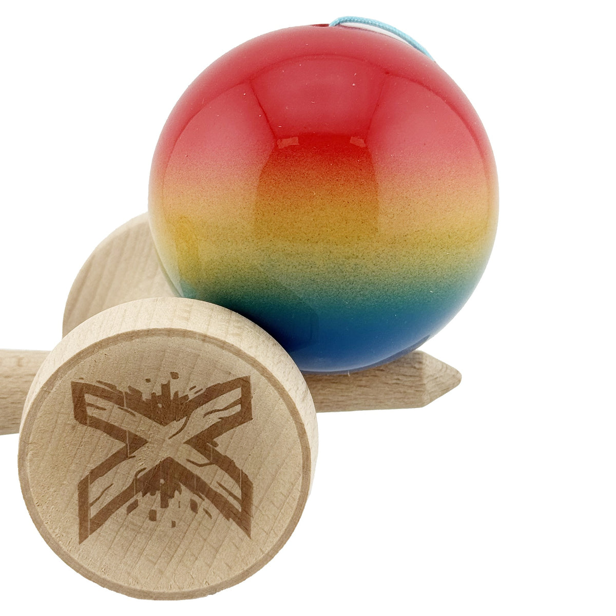 Kendama X Originala, Model V3 Rosu / Galben / Albastru in Degrade, Profesionala, Cupe Mari King Size, Super Sticky, Gaura in Baza, Rulment, Ata 62cm