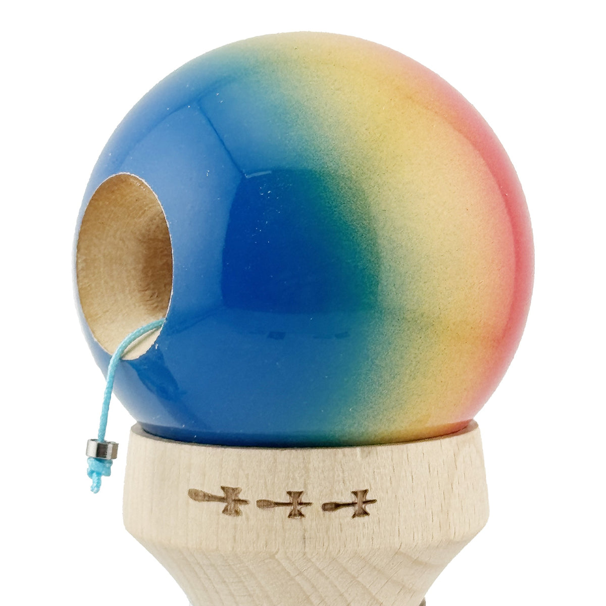 Kendama X Originala, Model V3 Rosu / Galben / Albastru in Degrade, Profesionala, Cupe Mari King Size, Super Sticky, Gaura in Baza, Rulment, Ata 62cm