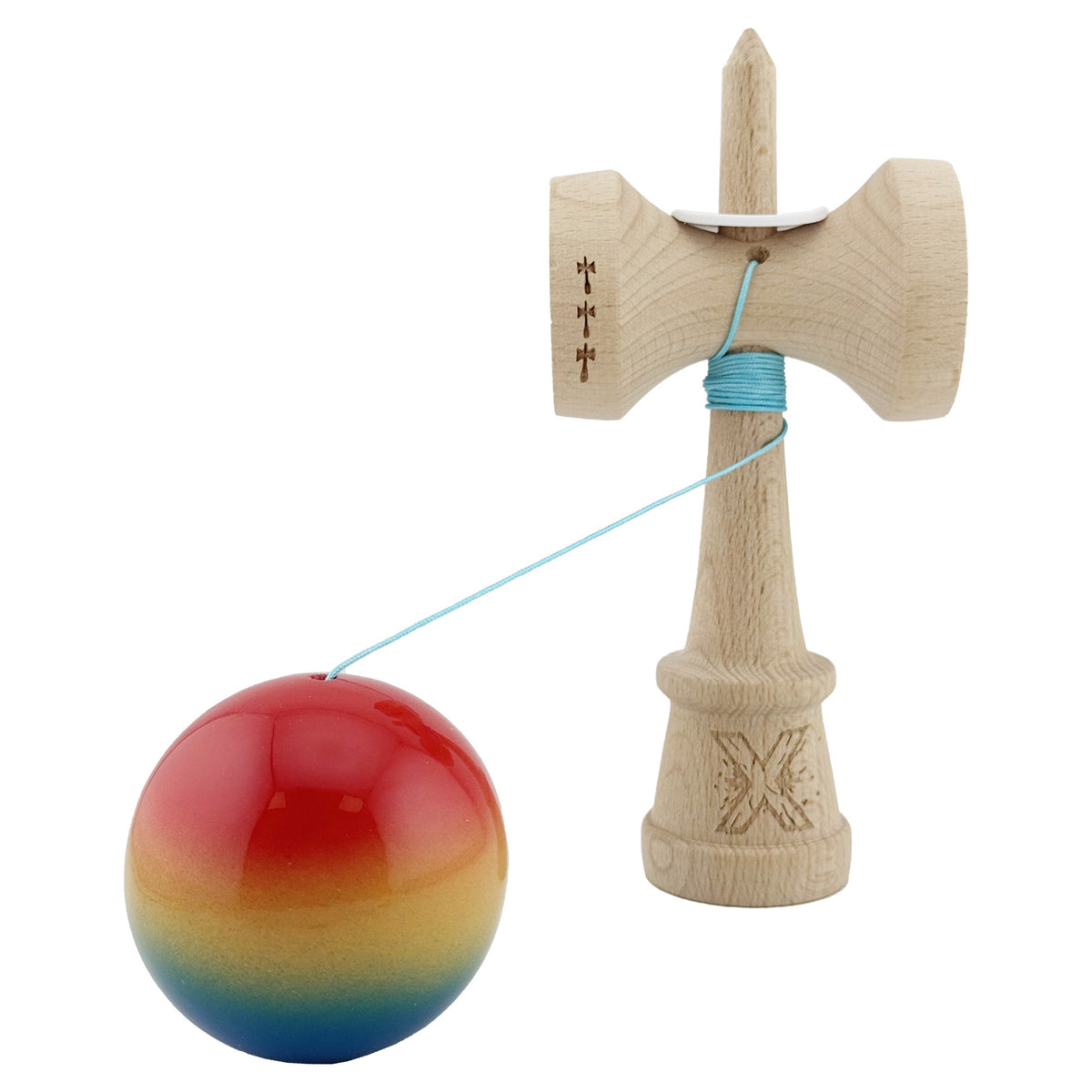 Kendama X Originala, Model V3 Rosu / Galben / Albastru in Degrade, Profesionala, Cupe Mari King Size, Super Sticky, Gaura in Baza, Rulment, Ata 62cm