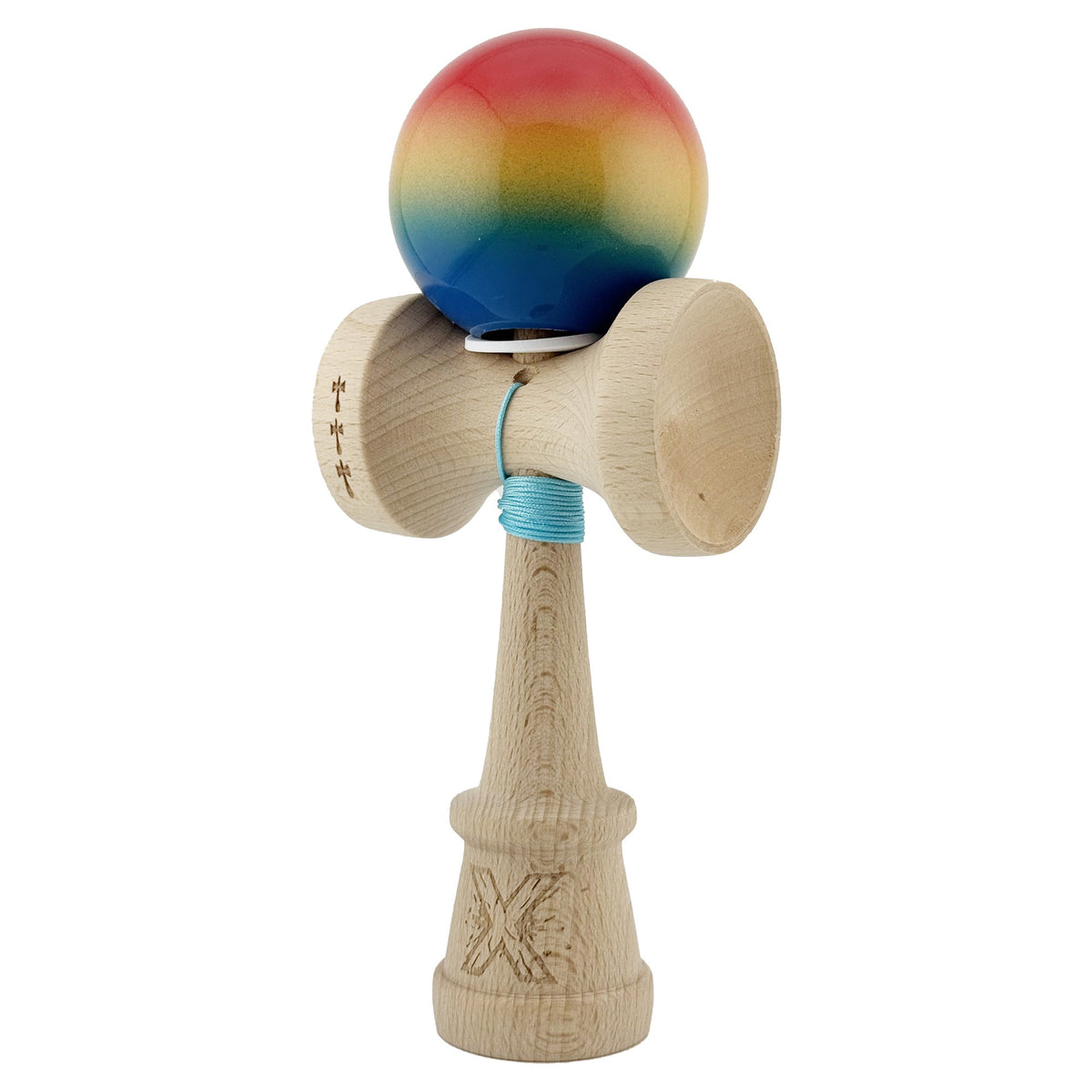 Kendama X Originala, Model V3 Rosu / Galben / Albastru in Degrade, Profesionala, Cupe Mari King Size, Super Sticky, Gaura in Baza, Rulment, Ata 62cm