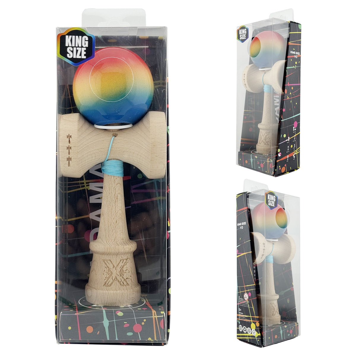 Kendama X Originala, Model V3 Rosu / Galben / Albastru in Degrade, Profesionala, Cupe Mari King Size, Super Sticky, Gaura in Baza, Rulment, Ata 62cm
