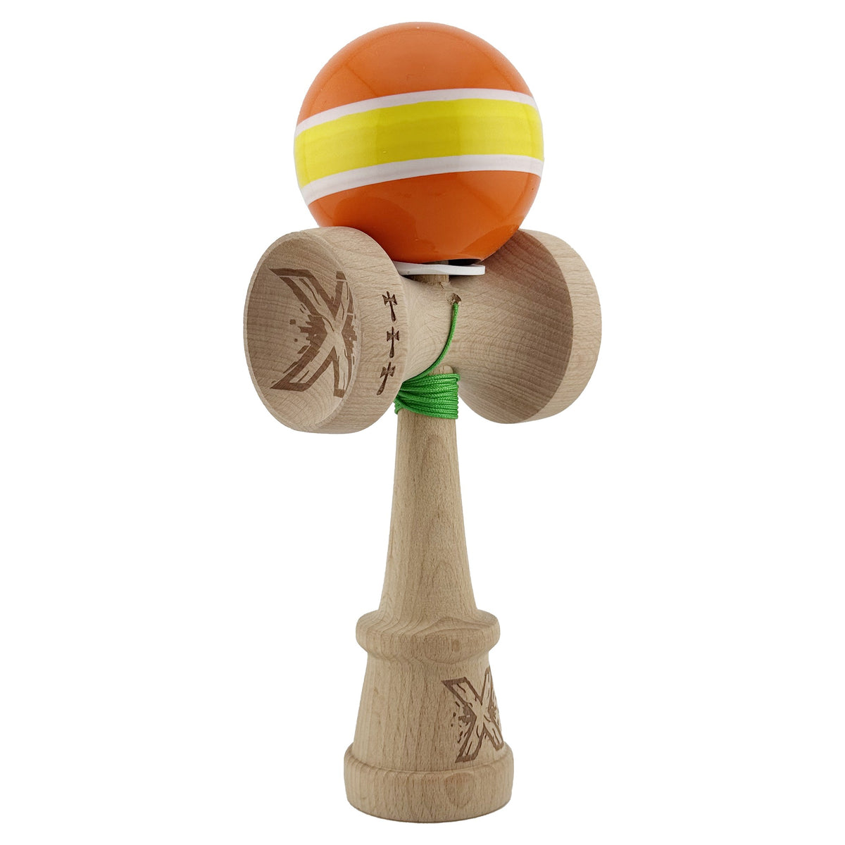 Kendama X Originala, Model V3 Portocaliu / Alb / Galben / Alb / Portocaliu, Profesionala, Cupe Mari King Size, Super Sticky, Gaura in Baza, Rulment, Ata 62cm