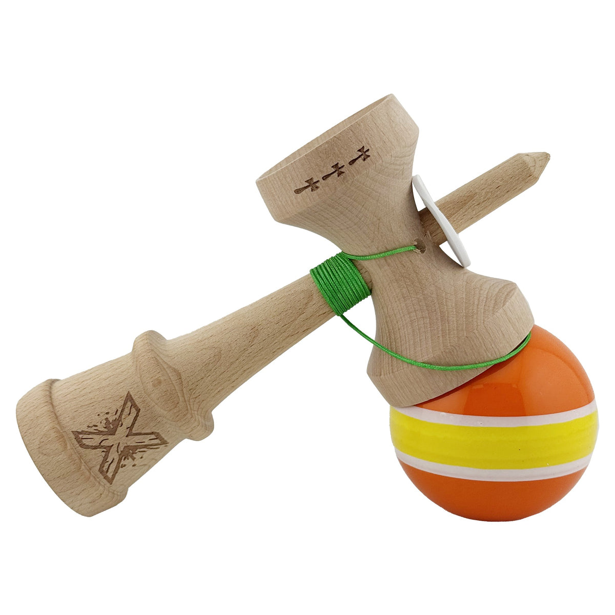 Kendama X Originala, Model V3 Portocaliu / Alb / Galben / Alb / Portocaliu, Profesionala, Cupe Mari King Size, Super Sticky, Gaura in Baza, Rulment, Ata 62cm