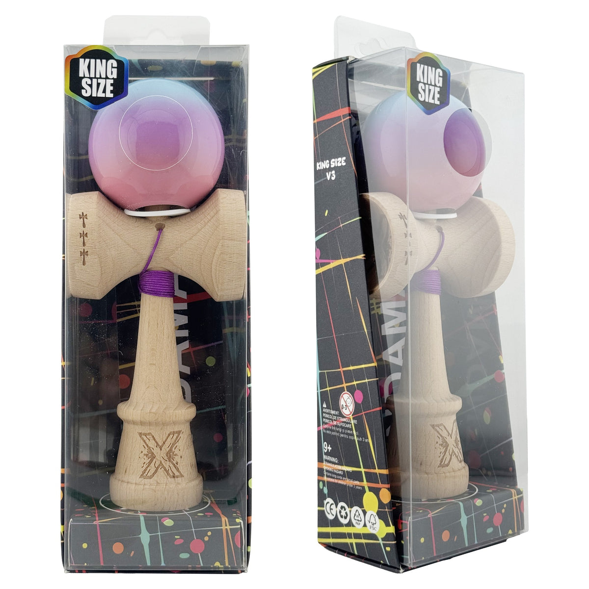 Kendama X Originala, Model V3 Albastru / Mov / Roz in Degrade, Profesionala, Cupe Mari King Size, Super Sticky, Gaura in Baza, Rulment, Ata 62cm