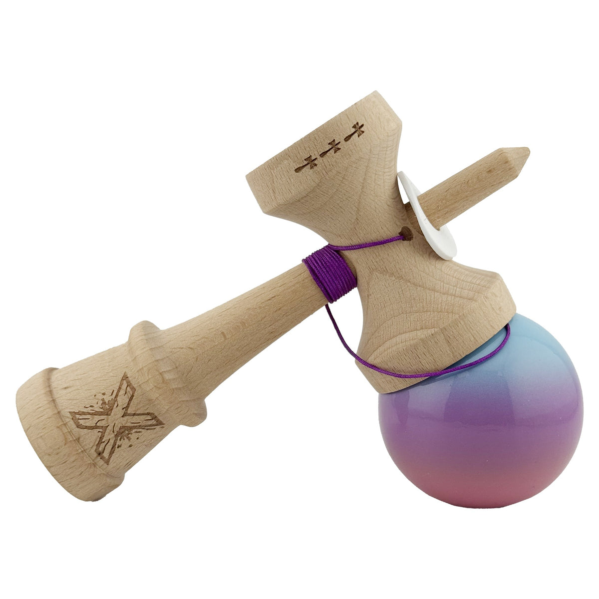 Kendama X Originala, Model V3 Albastru / Mov / Roz in Degrade, Profesionala, Cupe Mari King Size, Super Sticky, Gaura in Baza, Rulment, Ata 62cm