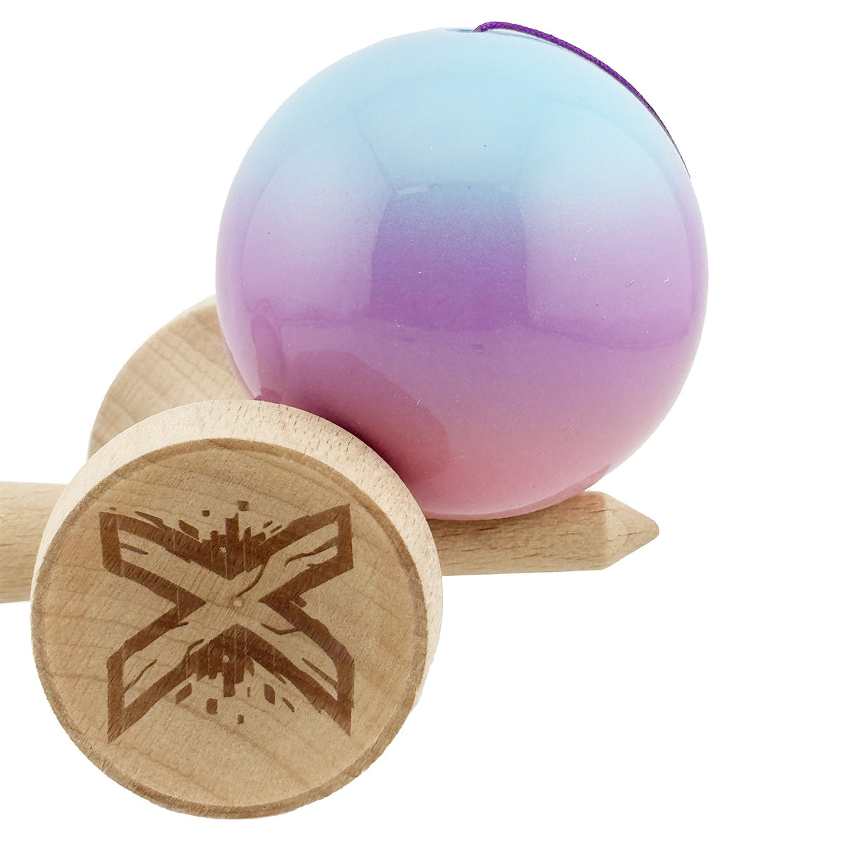 Kendama X Originala, Model V3 Albastru / Mov / Roz in Degrade, Profesionala, Cupe Mari King Size, Super Sticky, Gaura in Baza, Rulment, Ata 62cm